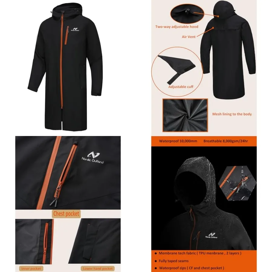 NORDIC OUTLAND Rain Jacket Men, Waterproof Breathable Long Raincoat with Hood Mesh Lining, Windbreaker for outdoor activities