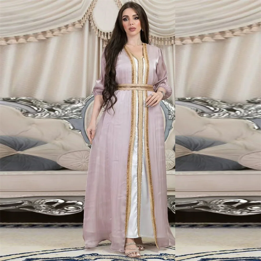 Shiny Satin Abayas Luxury Diamonds Muslim Women 2 Piece Set Kimono Inner Vest Dresses Morocco Party Evening Jalabiya Dubai Gown