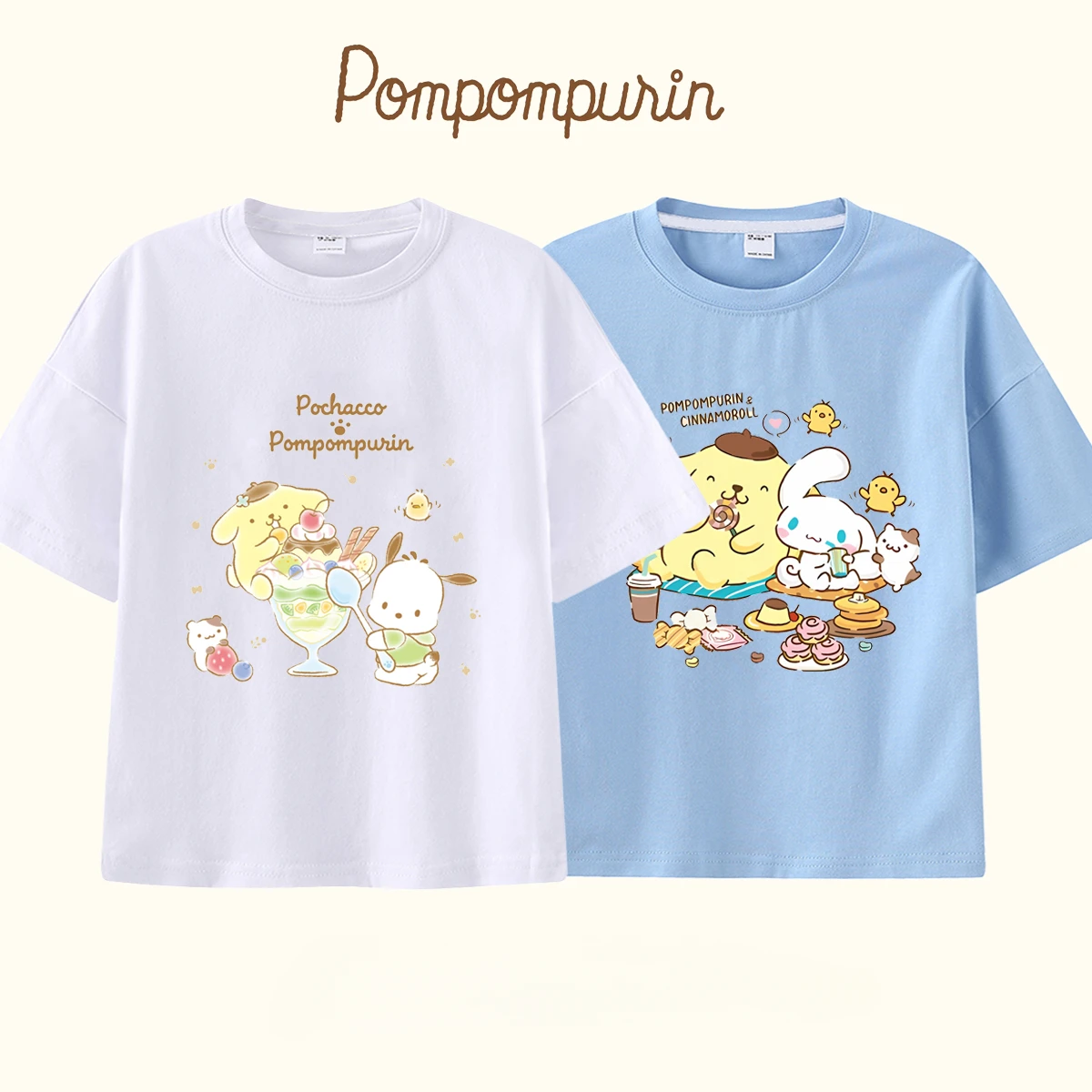 Sanrio hoodies Children's short sleeves Pom Pom Purin and Cinnamon Cartoon  anime periphery Summer Boys and Girls T-shirt