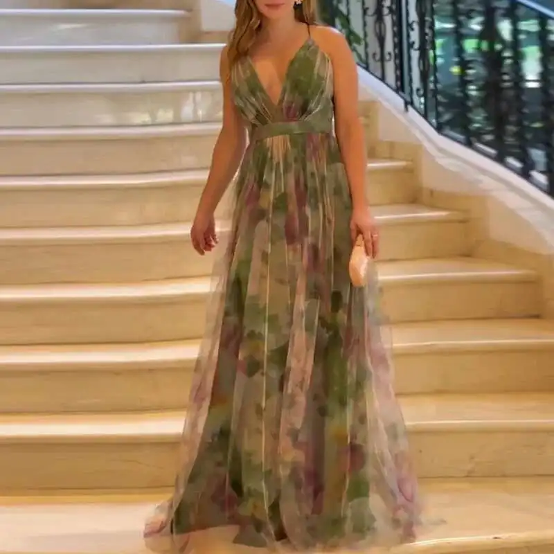 Summer Sexy V Neck High Waist Pleated Long Elegant Off Shoulder Swing Beach Dresses New Mesh Printed Women's Evening Dress