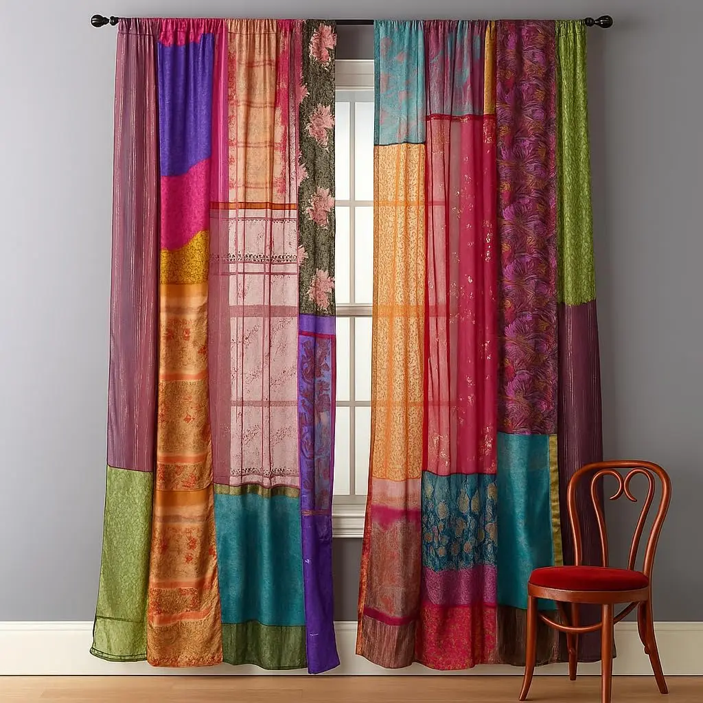Boho Patchwork Curtains Colorful Vintage Silk Sari Style for Living Room Window Decor