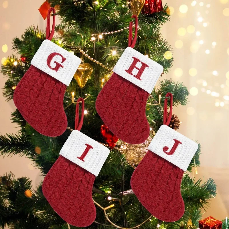 Red Christmas Knitting Socks Merry Christmas Snowflake Alphabet Candy Cloth Bags 7x6 inch Hanging Decorations for Home Xmas Gift