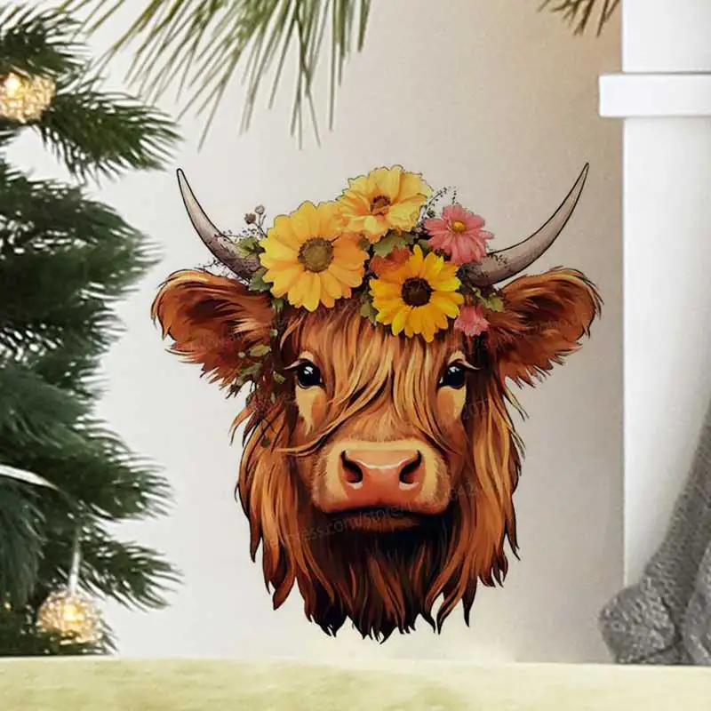 Highland Cow And Sunflower Wall Stickers Decals for Bathroom Toilet Living Room Cabinet Fridge - Home Decorative Mural AA192