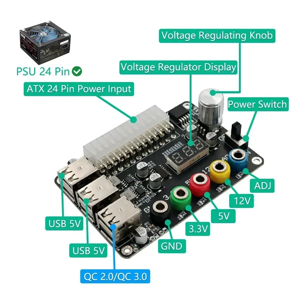 24Pin ATX Power Supply Breakout Board Power Module Adapter Connector Adjustable Voltage Knob 6 Port USB 2.0 Supports QC2.0 QC3.0