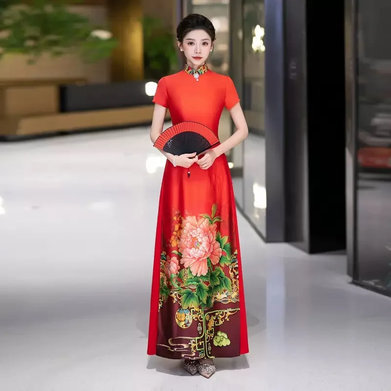 

Летнее женское восточное свадебное вечернее платье Cheongsam в стиле ретро с цветочным принтом, Вьетнамское платье Aodai, сценический танцевальный костюм
