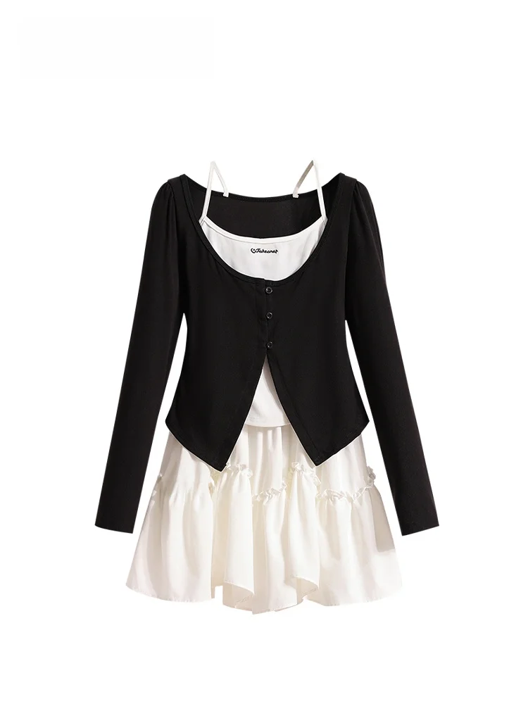 

plus Size College Sle Set Dr Women Spring Fat Sister Fake Two-Piece T-irt ter Top f Skirt Commute Loose Fit High...