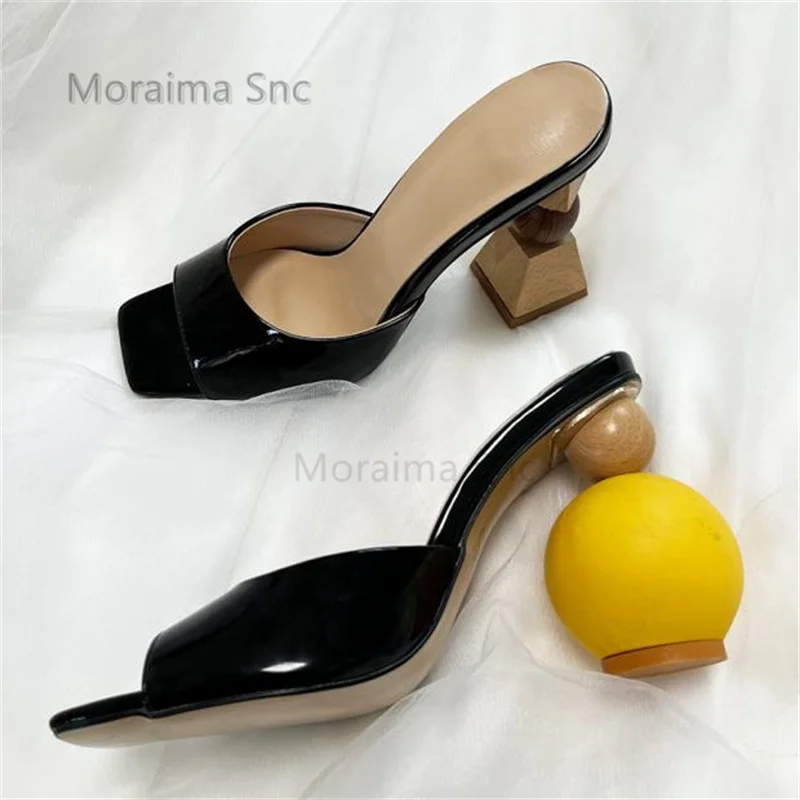 

Black Patent Leather High Heels Slippers for Women Square Open Toe Strange Style Catwalk Shoes 2024 New In Outside Shoes