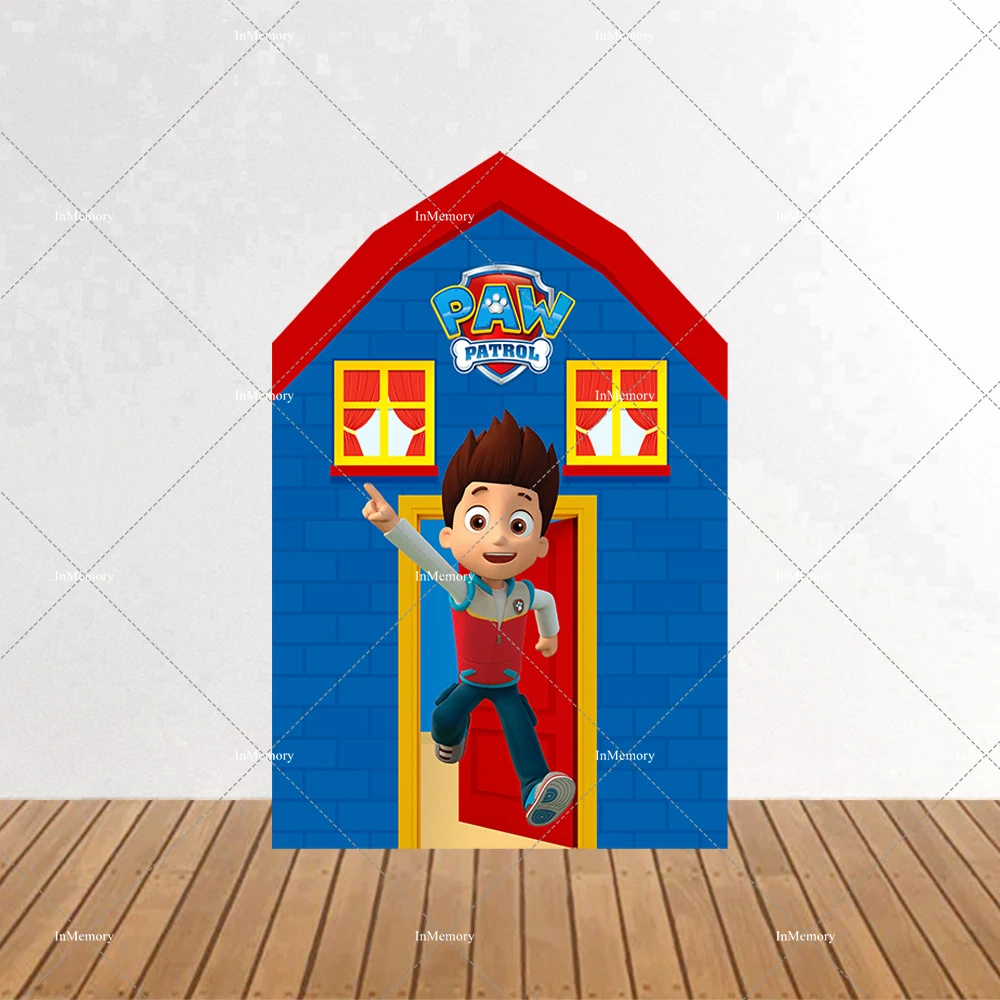 Rot-blaue Paw Patrol Scheunenhaus-förmige Bogenhintergrundabdeckung für Jungen-Geburtstagsfeier-Dekoration, Ryder Puppy Power Bogenhintergrund, 2-seitig – Detail 3