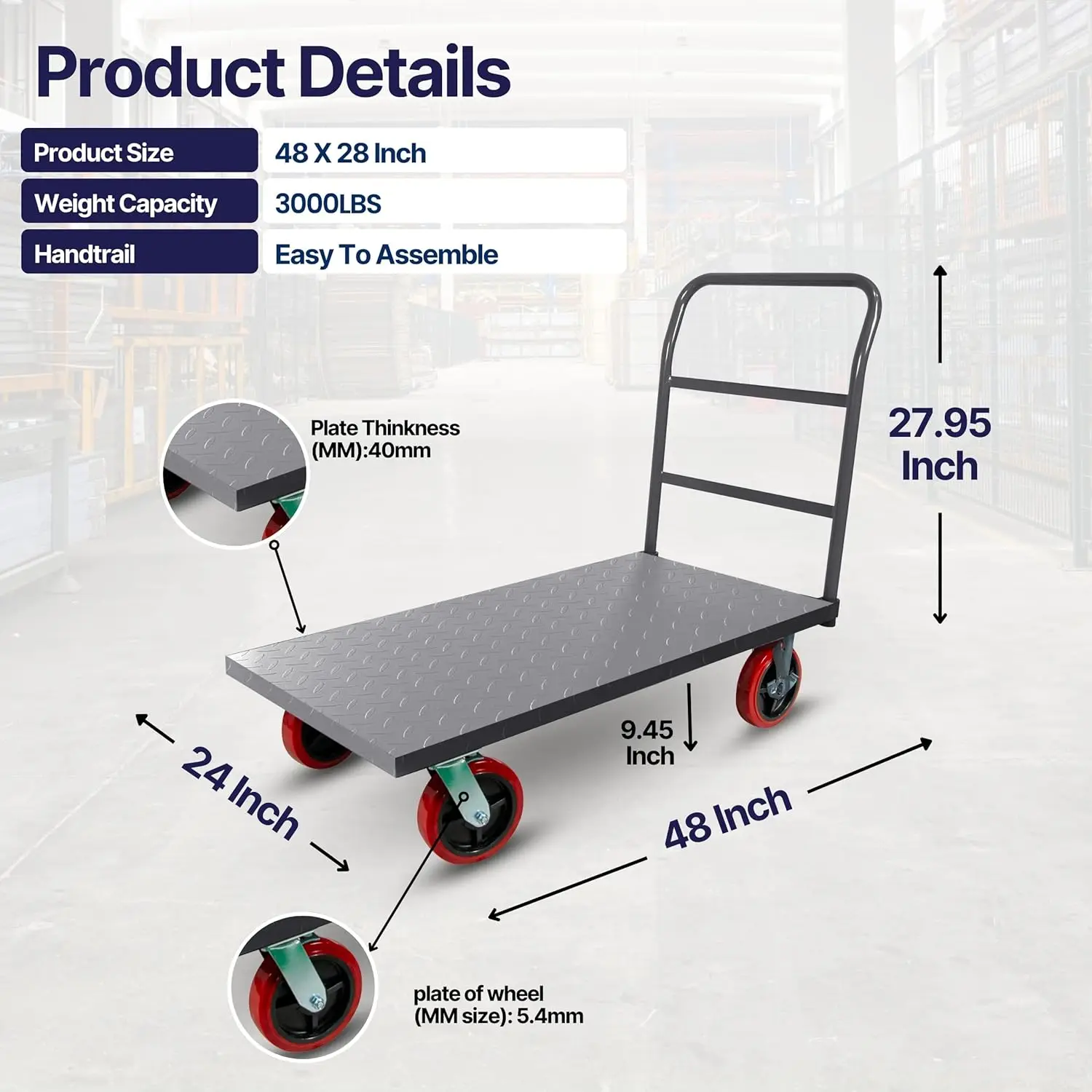 عربة منصة مسطحة 5 ثانية دوللي صناعية شديدة التحمل 48 بوصة × 24 بوصة منصة شاحنة دفع يدوية لوحة ماسية شديدة التحمل