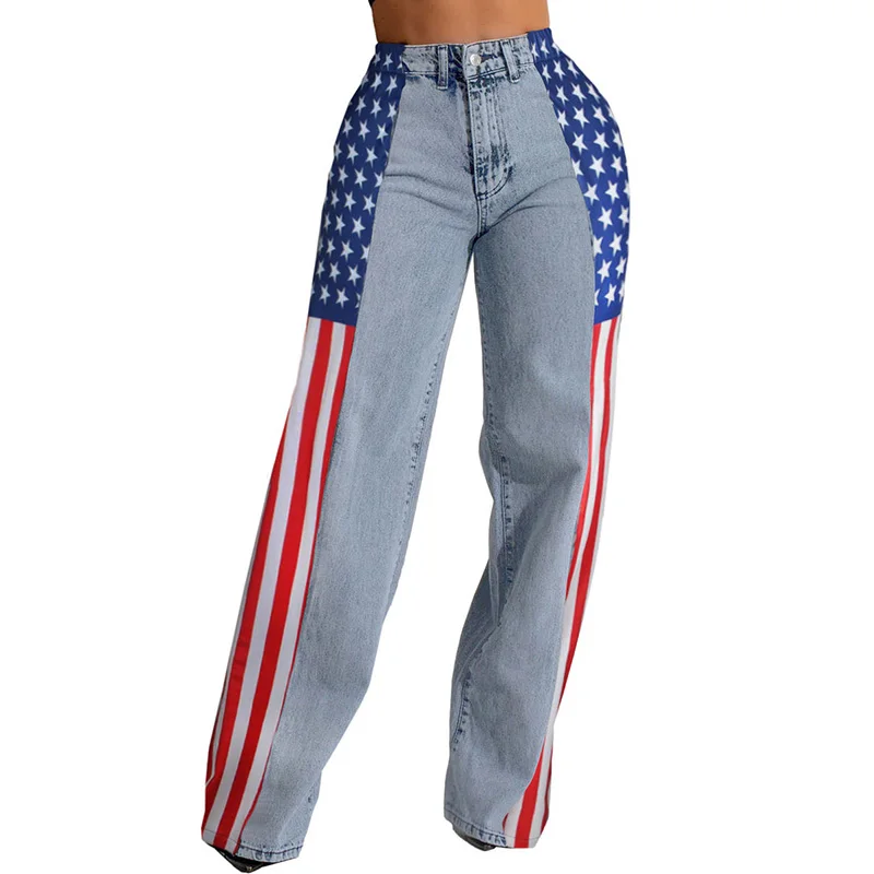 Stigende Sideseam Striped Wide Leg Jeans Women Star Spangled Stretch Denim Pants Patchwork Colorblock Straight Trouser