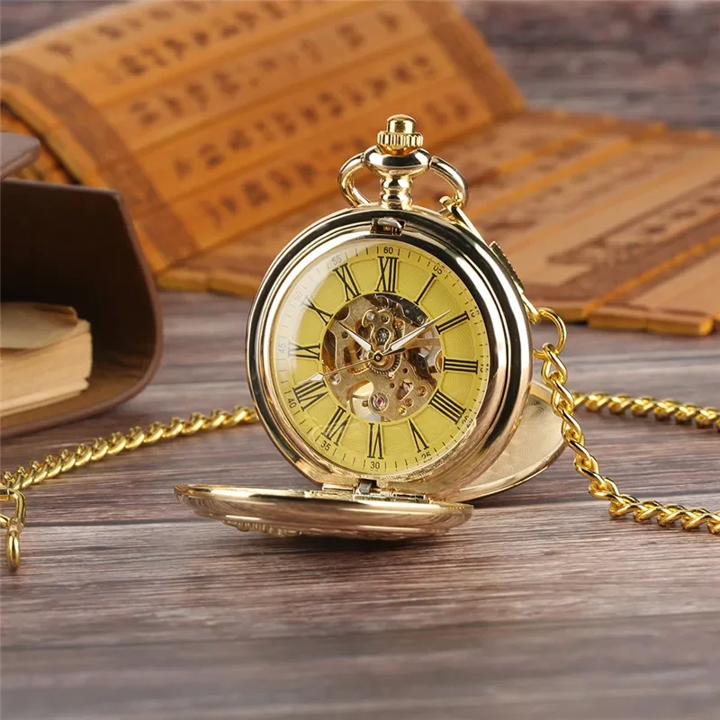 Vintage Style Double Hunter Mechanical Hand Wind Pocket Watch for Men Women Hollow Elk Case Pendant Necklace Chain Gift