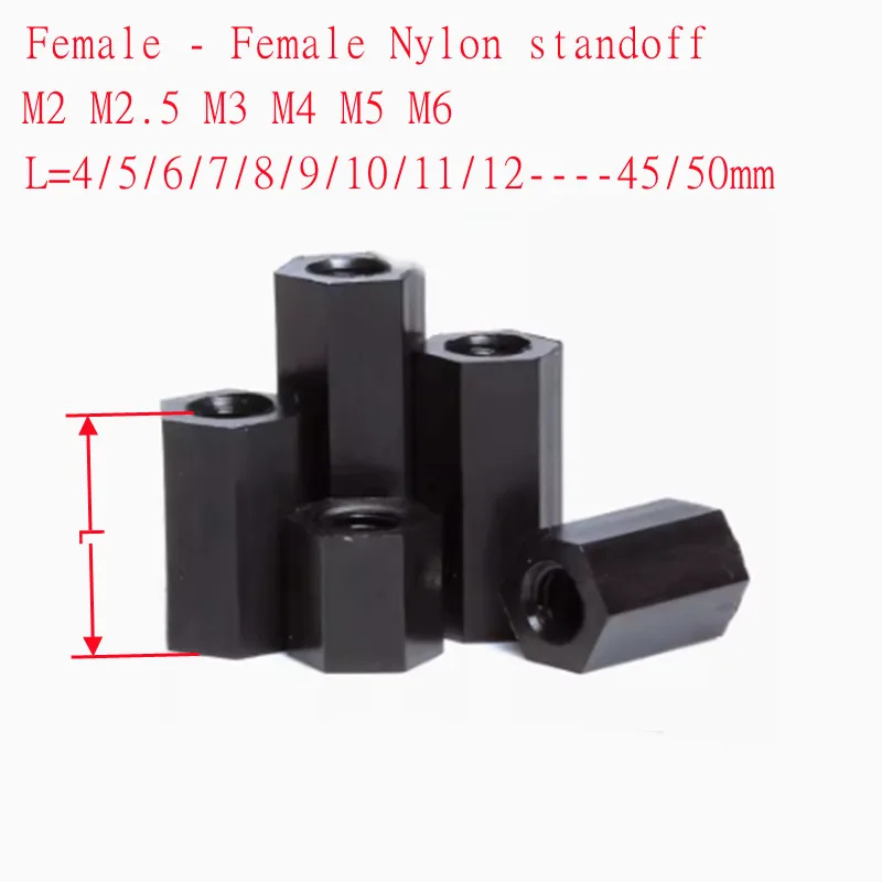 10pcs-50pcs black nylon standoff M2 M2.5 M3 M4 m5 m6*L female to Female Black Nylon hex spacer