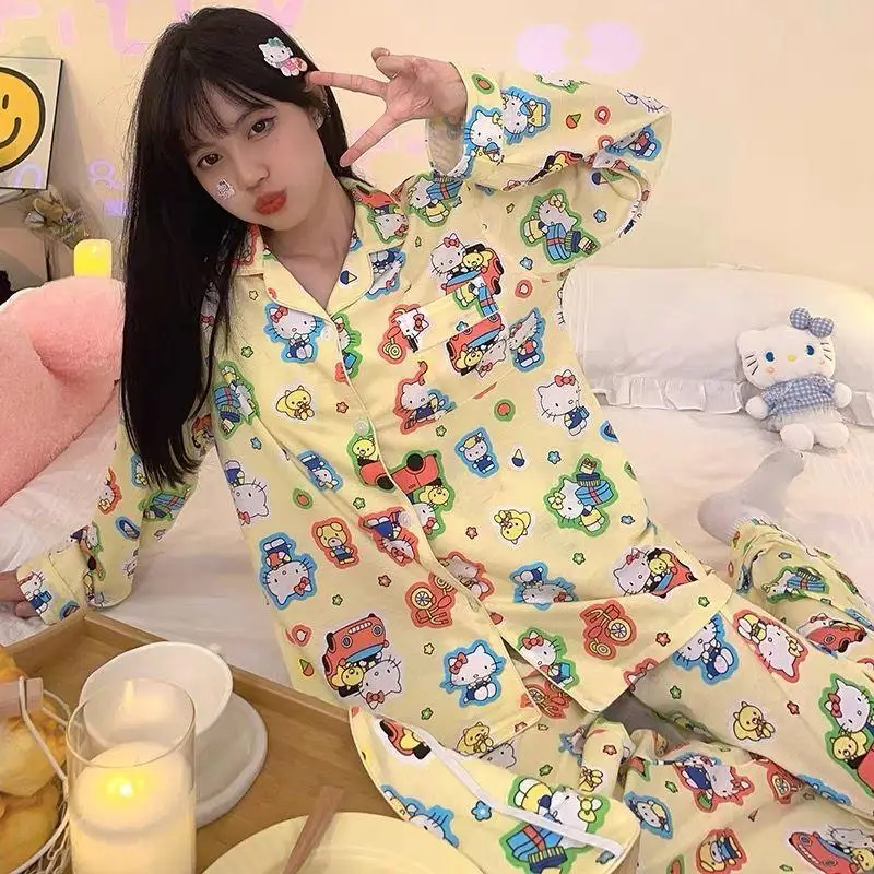 

Hot Sanrio Girl Leisure Lapel Pajamas Suit Kawaii Hello Kitty Anime Fashion Sexy Fall Long Sleeves Wear It Outside Leisure Wear