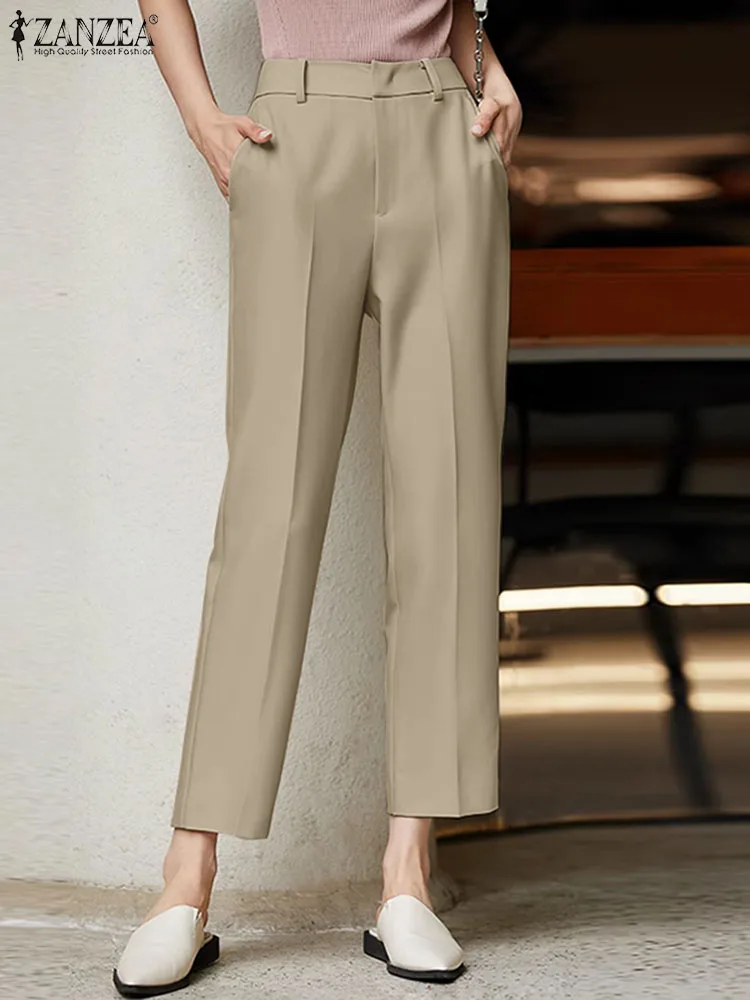 

ZANZEA Korean Fashion Solid Pants Woman Elegant Front Zipper Pantalon Summer Casual Street Capris Vintage OL Work Trouser 2024