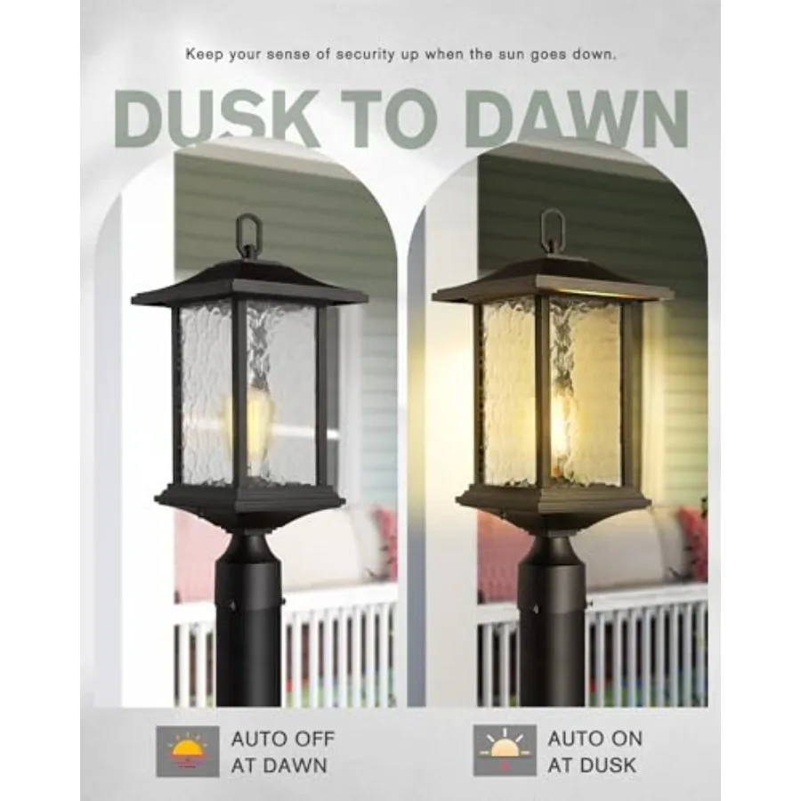 Dusk to Dawn Outdoor Post Lights, inch Large Eterior Lamp Light Pier Lantern with Base, Black Cast Aluminum w/Water Glass - A27