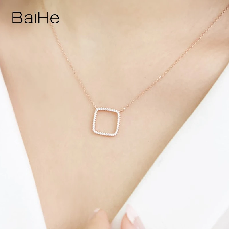 Baihe Real Solid 14K Rose Gold H/SI Natural Diamond Square Necklace Women Engagement Wedding Trendy Gift Fine Jewelry Making