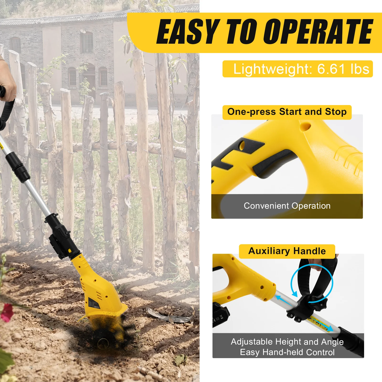 Durable Cordless Electric Tiller, 6.7