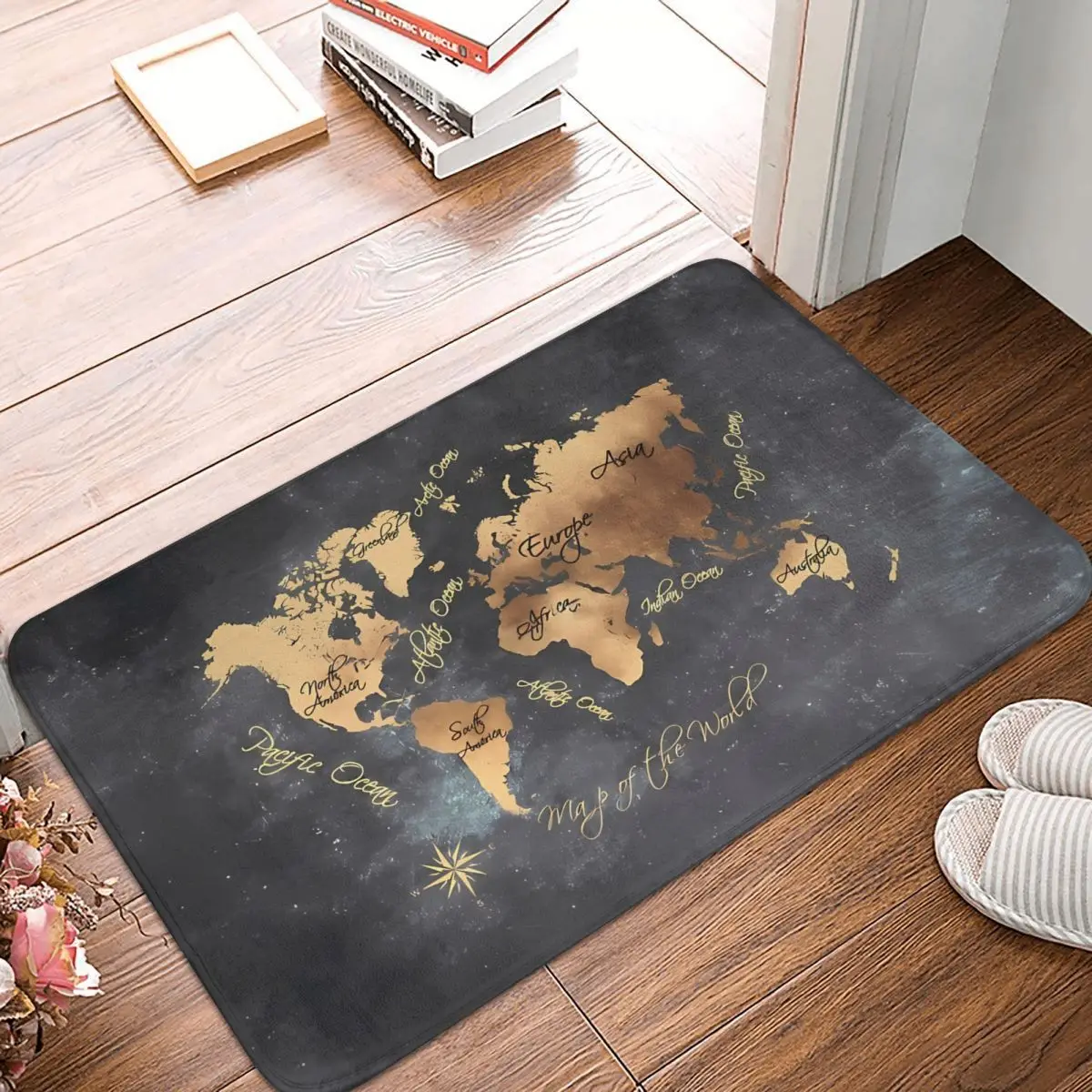 World Map 147 Gold Black Worldmap Map Bath Mat Rug Home Doormat Living Room Carpet Decoration