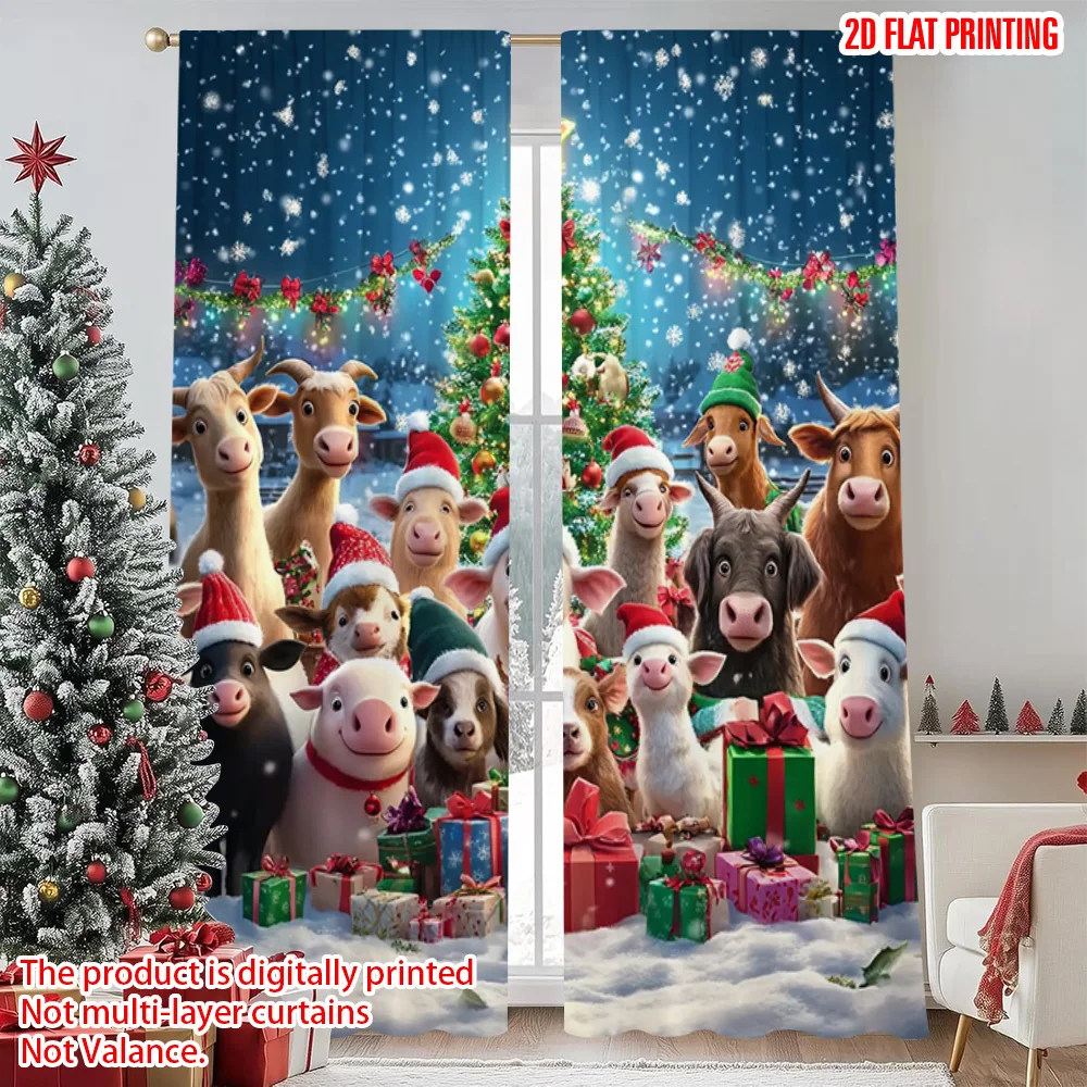 

2pcs 2D flat printing Christmas Window Curtains Christmas Farm Versatile Durable Polyester Without Electricity Spring Party &