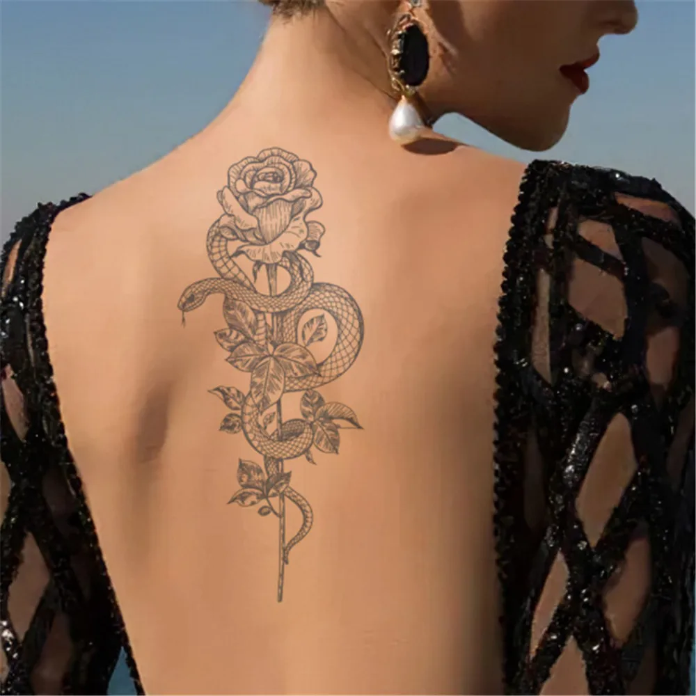 Tatuajes temporales de flor de serpiente para mujer, pegatina impermeable, fresca, estilo oscuro, transferencia de agua, tatuaje falso, accesorio de