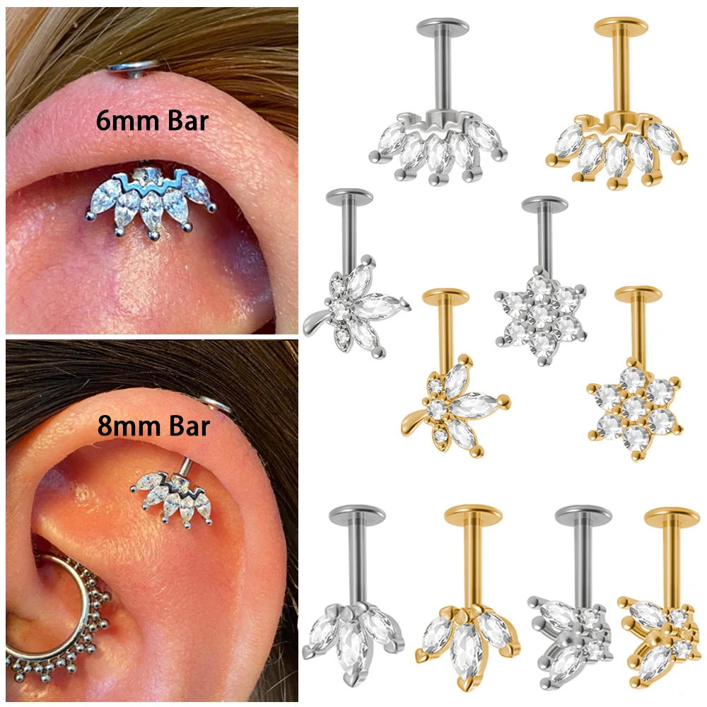 361L Surgical Steel Marquise Vertical Post Helix Piercing Crown/Butterfly Earrings Cartilage Helix Stud Body Piercing Jewelry