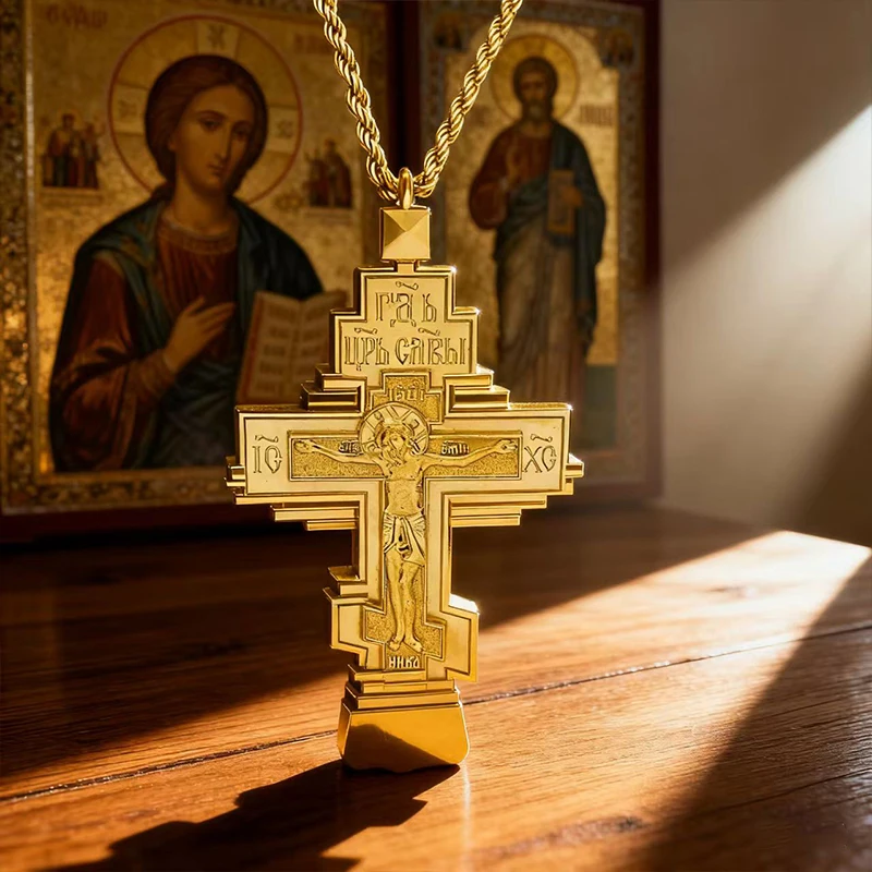 Neues 2026 Klassisches Orthodoxes Kreuz-Anhänger, vergoldet mit graviertem Kruzifix, christliche Andachtskette für den Gottesdienst und den Alltag – Detail 2