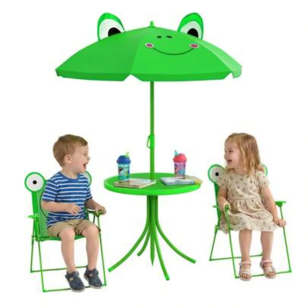 Kids Table and Chair Set Outdoor Folding Picnic Table with Umbrella for Toddlers, Green Frog Design, Portable Carry Case, Ages 2-6, Durable Steel Frame, Non-Slip Feet, Indoor Outdoor Use