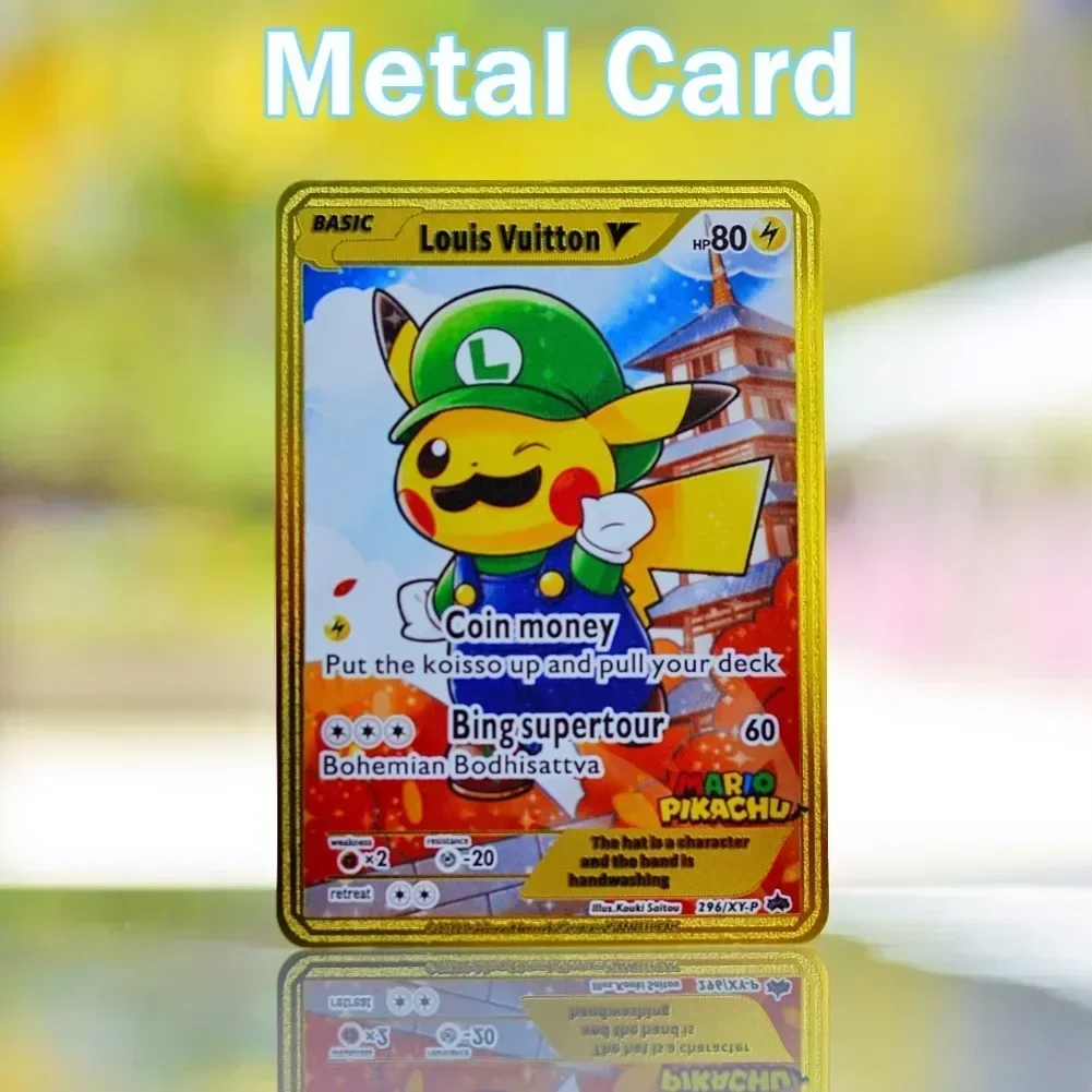 Pokemon Card Metal Pokémon Letters Mewtwo Gx Pikachu Charizard Vmax Genga Arceus Golden Iron Playing Cards Anime Games Kids Toys