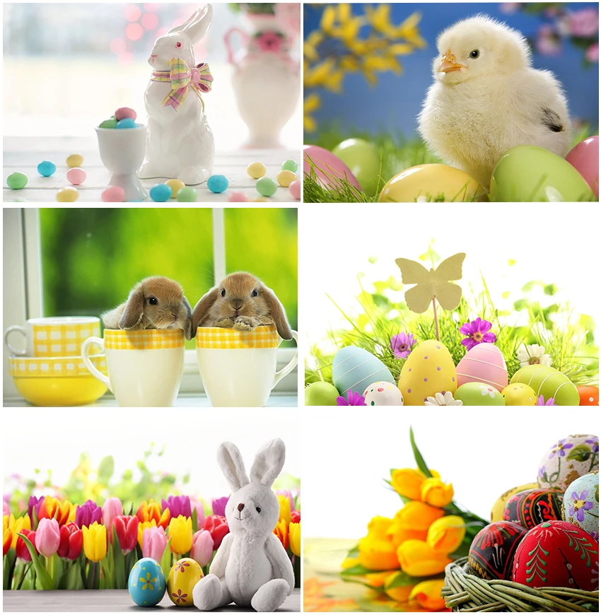 Cute Little White Rabbit Bunny Backdrop Easter Spring Cup Chick Colorful Eggs Child Portrait Tulip Flower Backgrounds Photocall