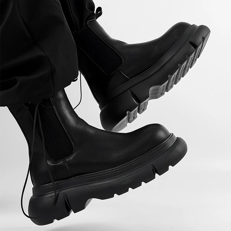 Botas Chelsea altas de cuero natural para hombre, estilo punk, sin cordones, plataforma, estilo cowboy, para primavera y otoño, botas gruesas largas para hombre