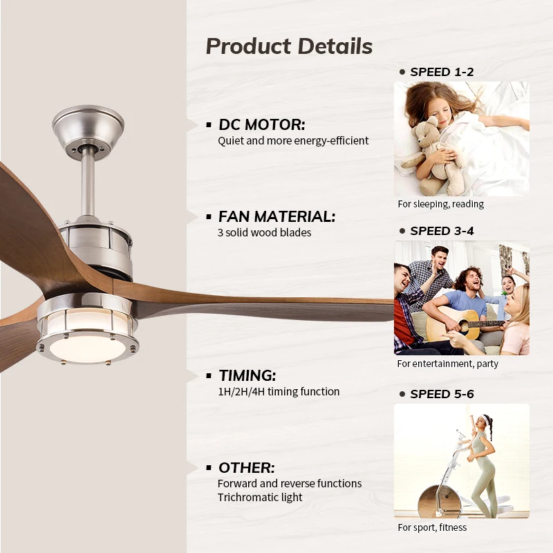 Modern Solid Wood Ceiling Fan with Light Quiet Reversible DC Motor 3 Color LED Light Indoor Ceiling Fan for Living Room Patio