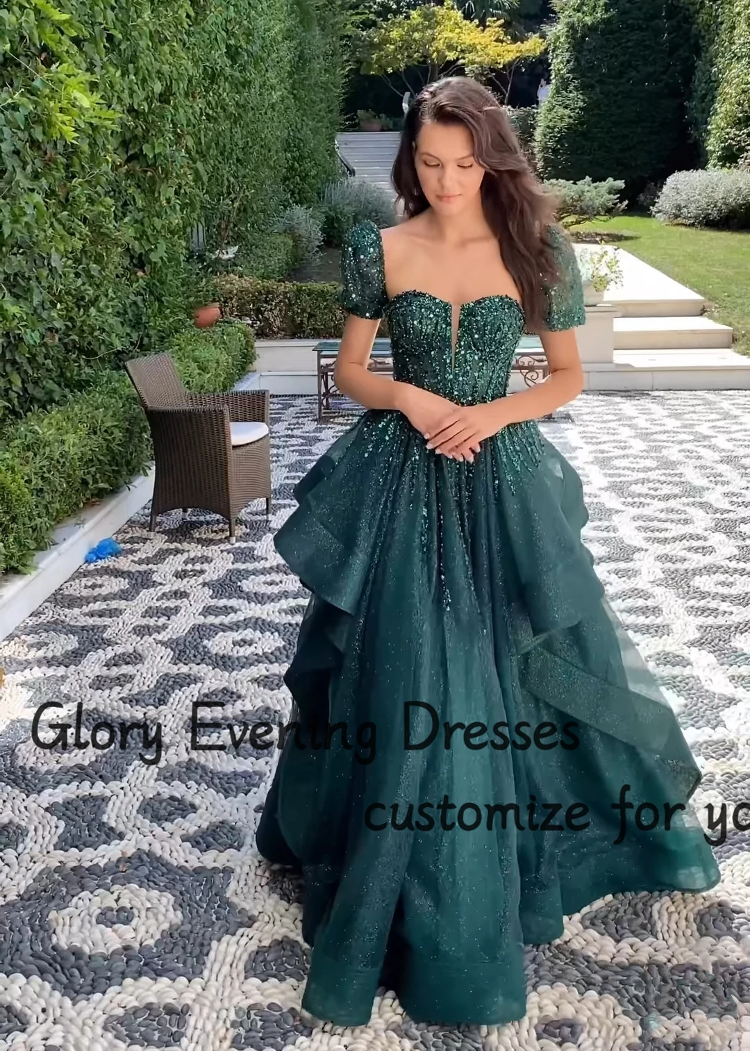 Atrovirens Shiny Princess Evening Dresses Sequins Beads Short Sleeves Floor-Length Backless Prom Dresses Formal Party Gown