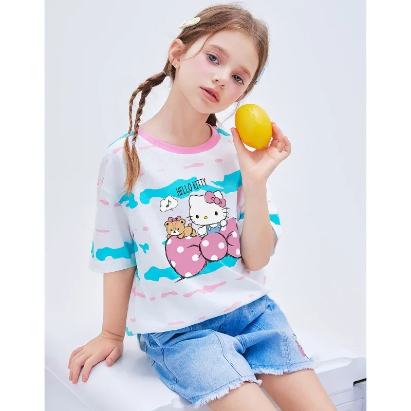 

Summer Hello Kitty Anime Kawaii Sanrio Ins Fashion Color Matching Shirt Pants Two-Piece Set Cute Cartoon Print Baby Clothes Toys