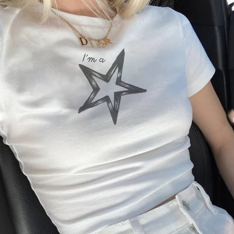 Women's T-shirt Y2k Crop Tops T-shirt cute pentagram print summer Harajuku street clothing short sleeved aesthetic clothing EMO1