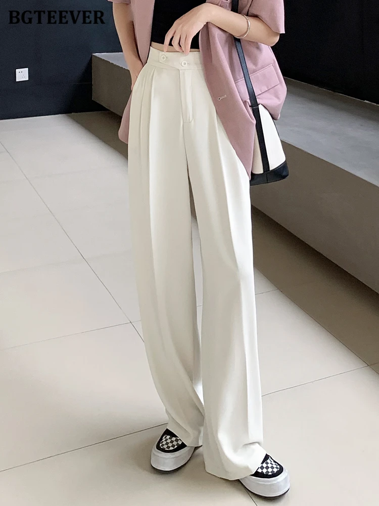 BGTEEVER Spring Summer High Waist Buttons Ladies Suit Pants Elegant Loose Pockets Long Wide Leg Trousers for Women