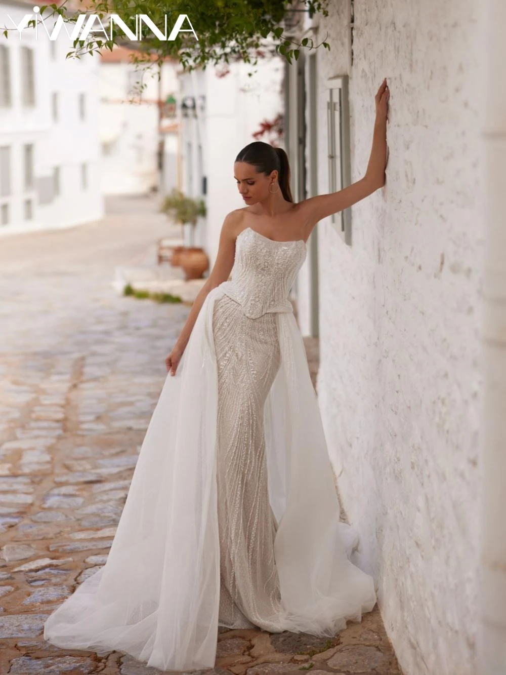 

Detachable Train Exquisite Pearls Wedding Dress With Corset Mermaid Long Bridal Gown Customized Charming Dresses For Bride