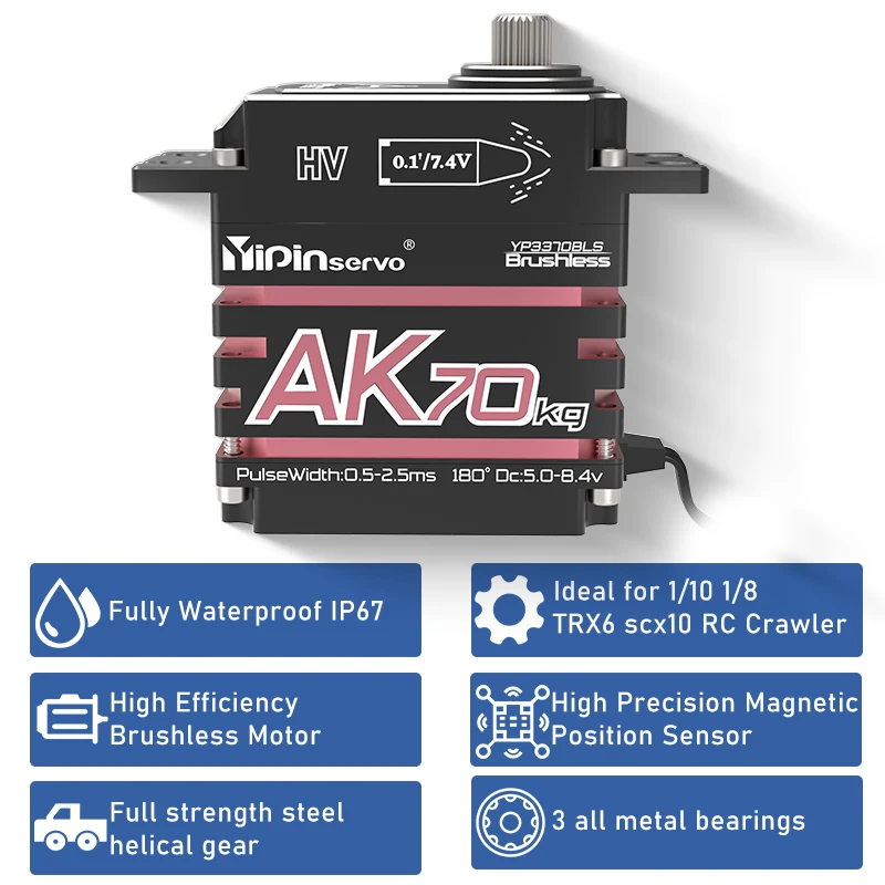 Полный корпус металлический AK70 70 кг HV 180 °   Магнитная индукция, водонепроницаемый бесщеточный цифровой сервопривод, стальной мотор-редуктор для модели автомобиля 1/10 1/8