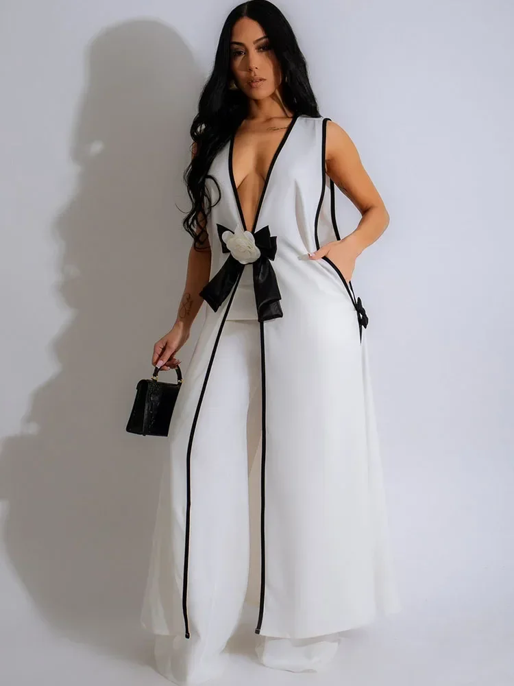 Bow Tie Appliques V-neck Sleeveless Long Top and Wide Leg Pants Matching Sets Women Two Piece Set Elegant Club Birthday Outfits