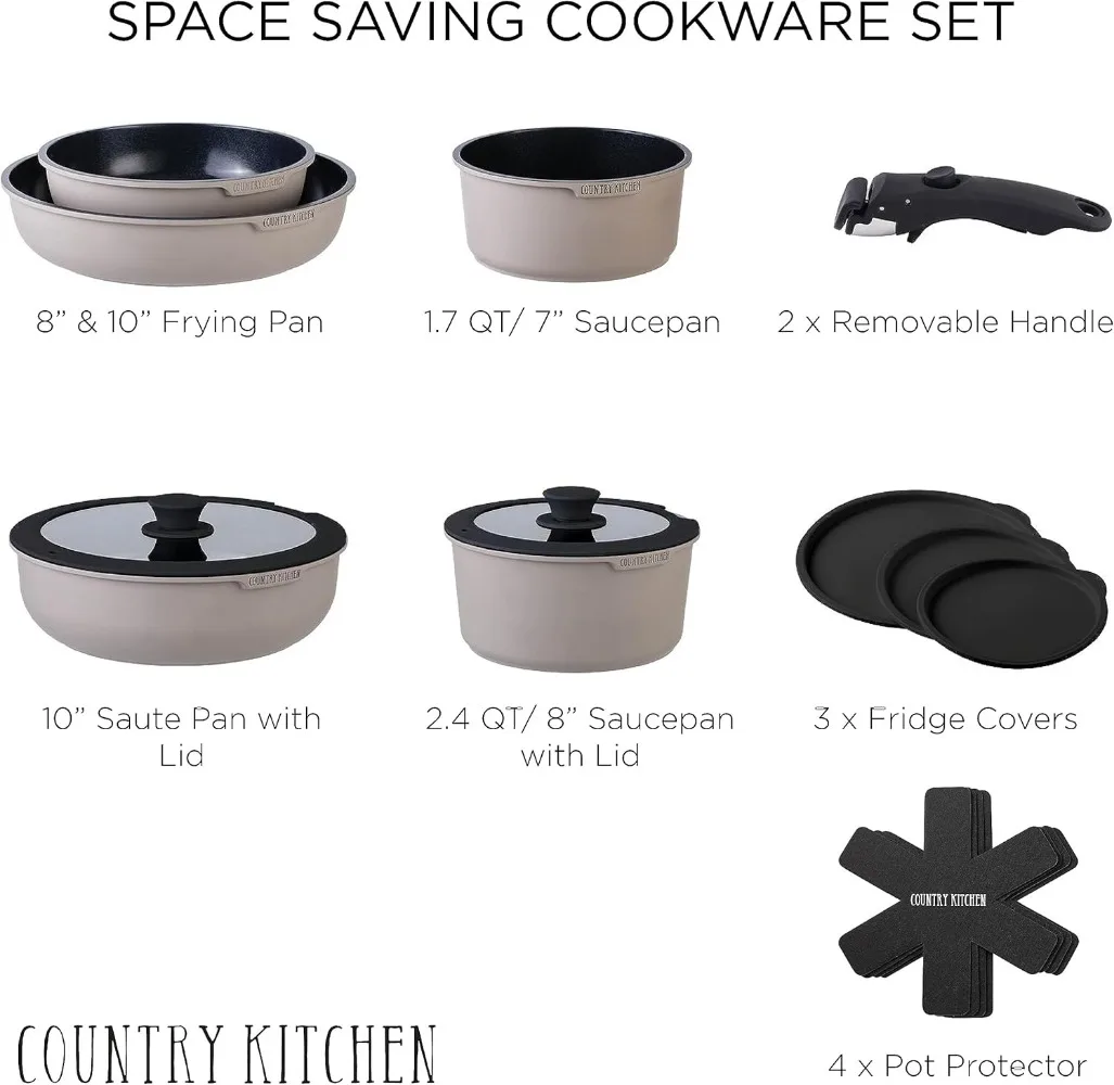 Country Kitchen 16 Piece Pots and Pans Set - Healthy Safe Ceramic Nonstick Kitchen Cookware with Soft Touch Removable Handle