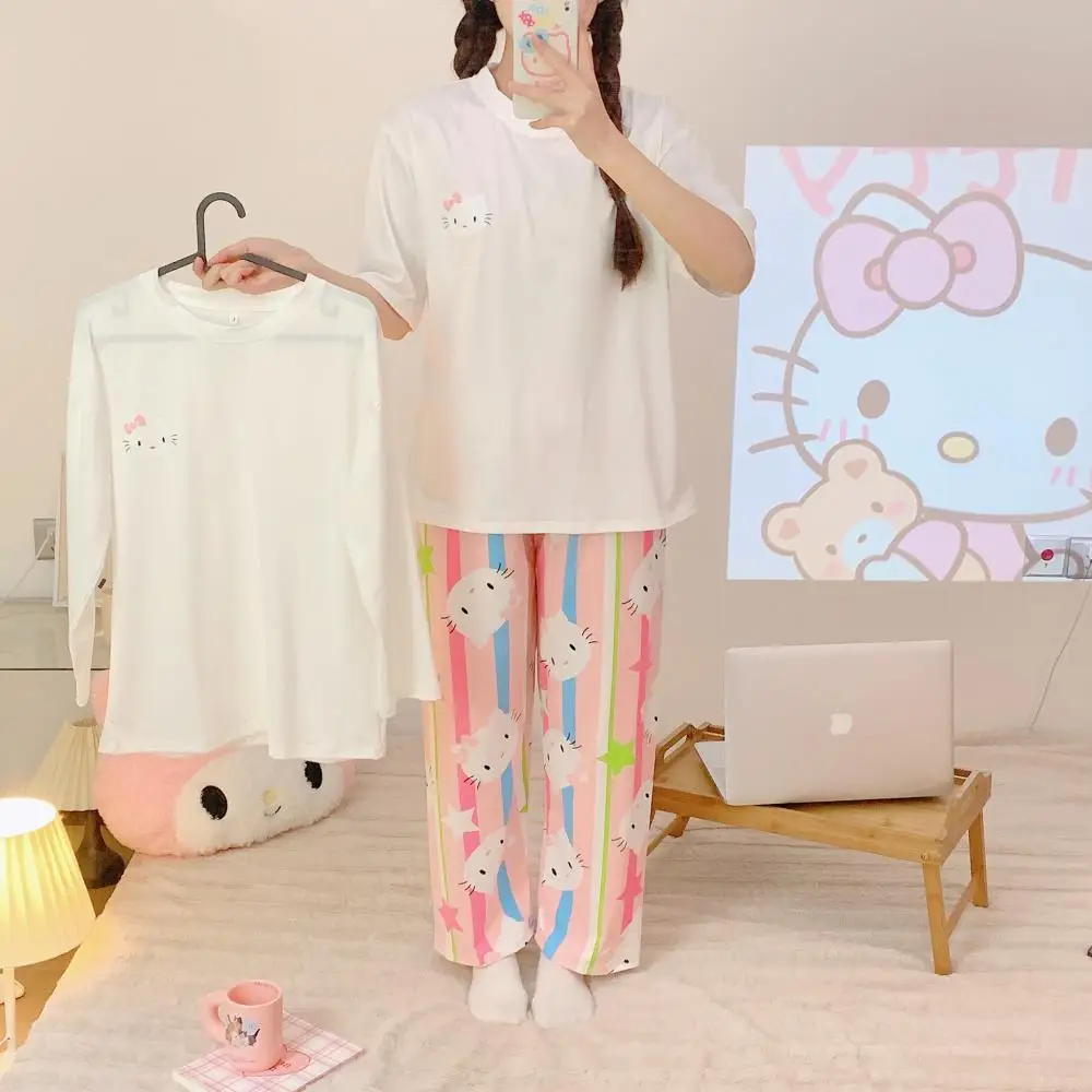 Cartoon Hello Kitty Pajamas Women Cotton Tops Pants Short Sleeves Sanrioed Anime Kawaii Summer Autumn Homewear Cute Girls Loose