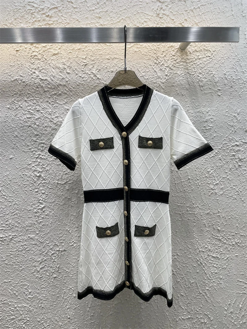 Vintage dekolt w serek wąska dzianina obcisła Mini sukienka damska letnia sukienka z krótkim rękawem jednorzędowe sukienki stylowa elegancka szykowna damska kamizelka