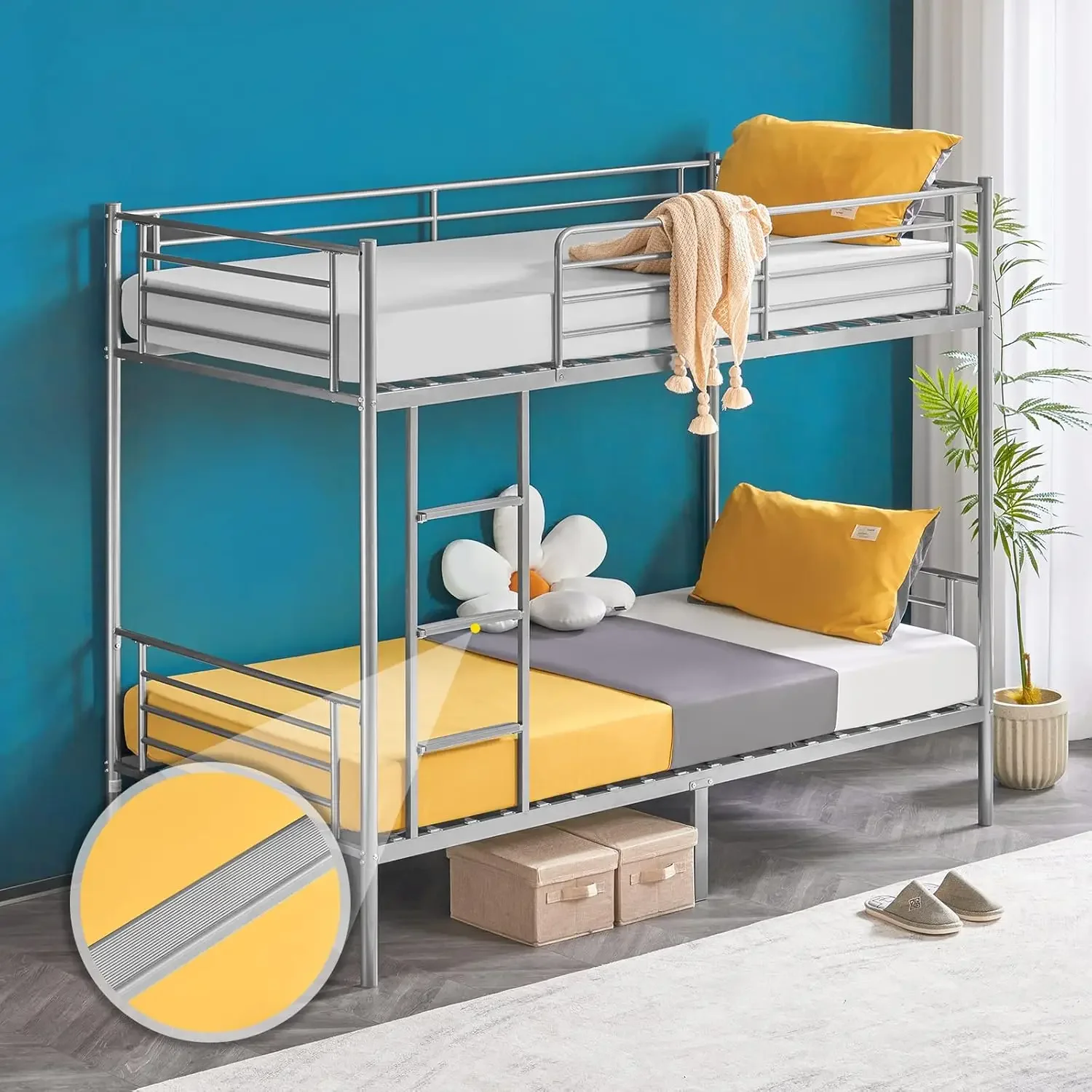 Metal Bunk Bed Twin Over Twin Bed Frames for Kids Bunk Beds with Flat Ladder Rungs, Heavy Duty Bunk Beds for Kids/Teens/A