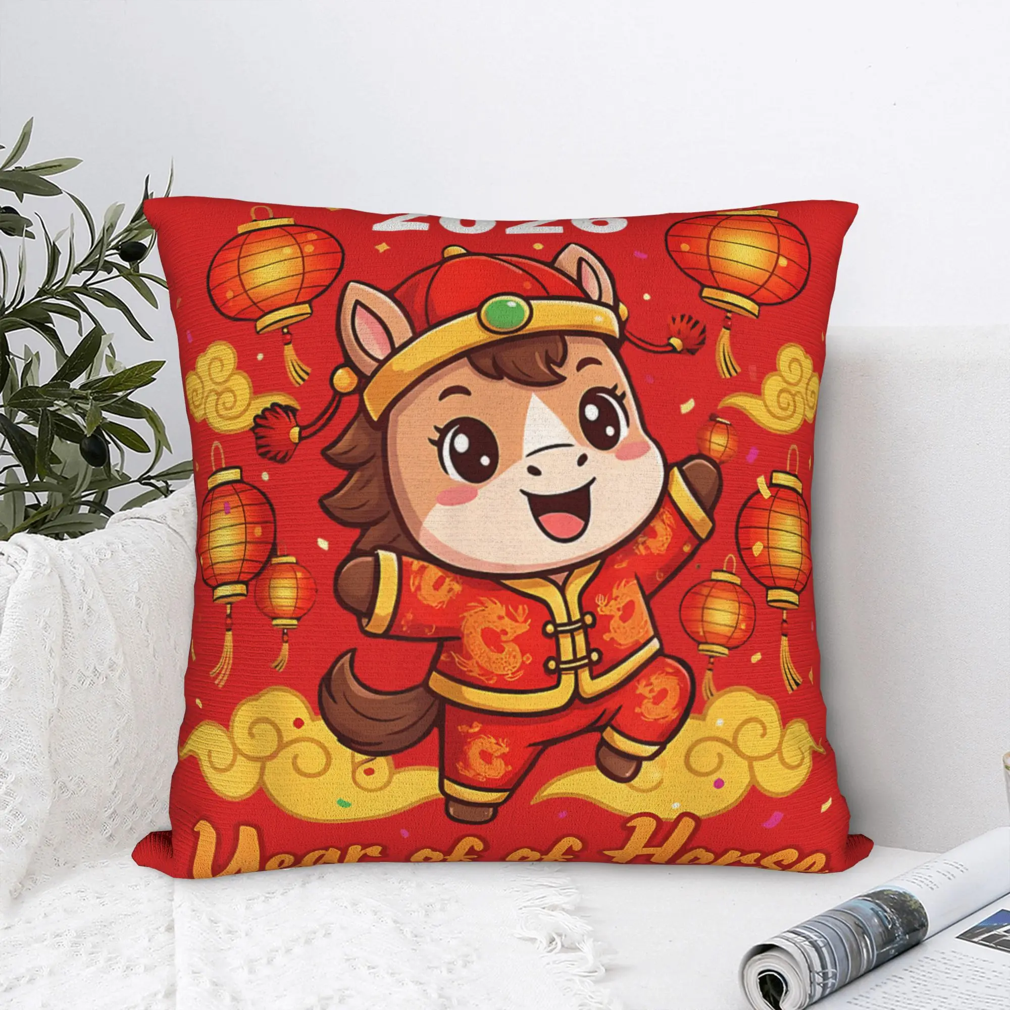 New Year 2026 Horse Happy Chinese New Year 2026 Pillow Cover  Retro Pillow Case For Chair Sofa Home Decor Graphic Pillowcases