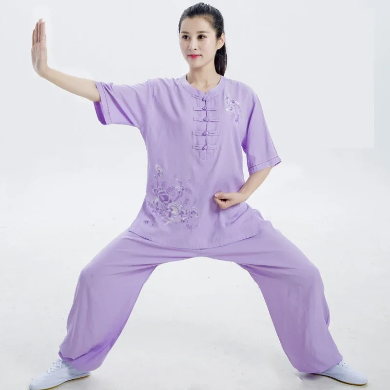 Traditional Chinese Clothing Women's New Summer Short Sleeve Embroidered Tai Chi Suit Martial Arts Practice Kung Fu Set Thin