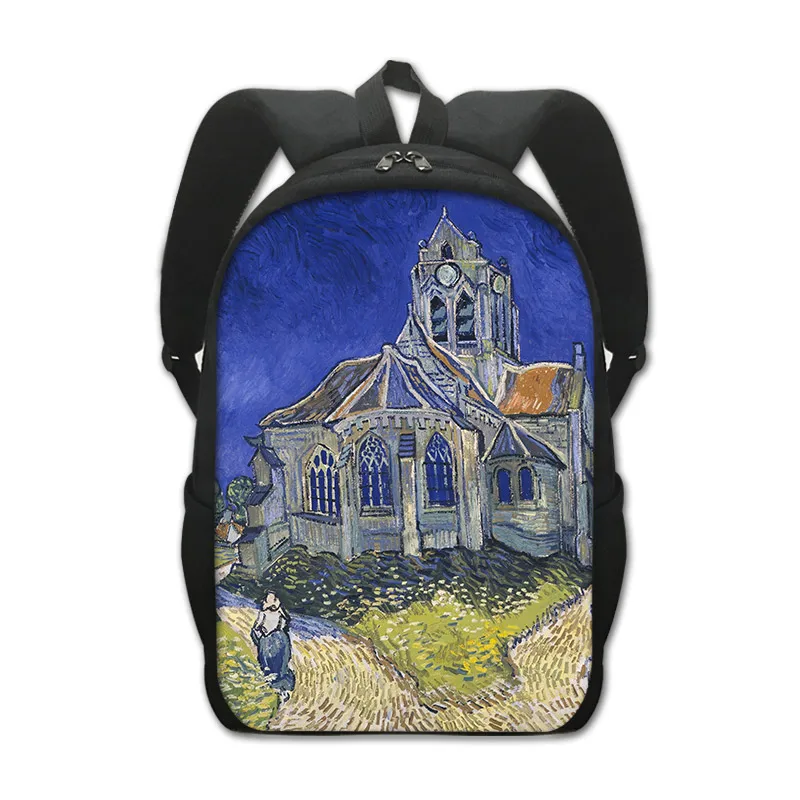 Famous Oil Painting Tears Kiss Water Lilies Starry Night Backpack Gustav Klimt Claude Monet Van Gogh Student School Daypack