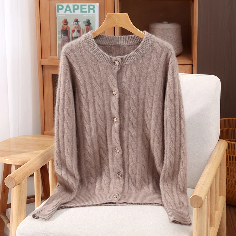 

Basic 100% Mink Cashmere Solid Color Cable Knit Cardigan Long Sleeves Women Comfortable Warm Soft Fashion Gentle Clothing Top