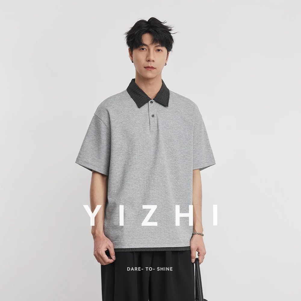 Heavy 230g American Retro Plaid Lapel Polo Shirt Men's 2026 Spring Fake Two-piece High-end T-shirt