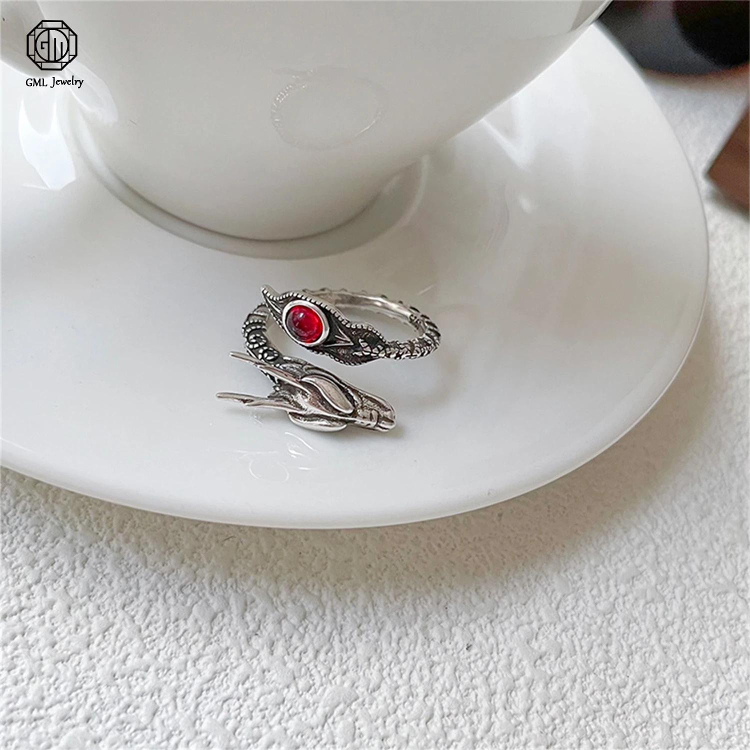 925 Sterling Silver Open Adjustable Ring Red Gemstone Unisex Men Women Fashion Cat Eye A Niche Neutral Style Ring Jewelry Gift