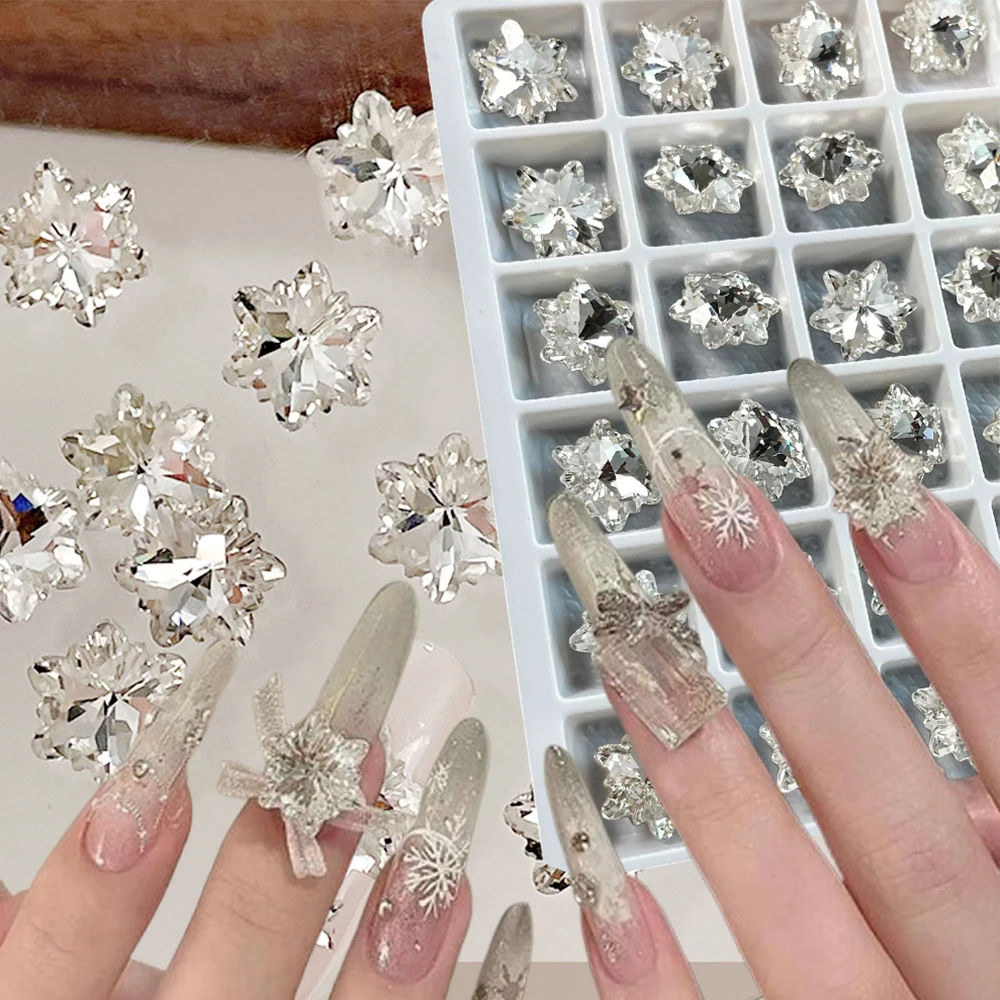 20Pcs/Lot Sparkly Crystal Snowflake Nail Rhinestones 8/12mm Clear Pink Cherry Flower Snowflakes Diamond Gems Jewelry Nail Charms