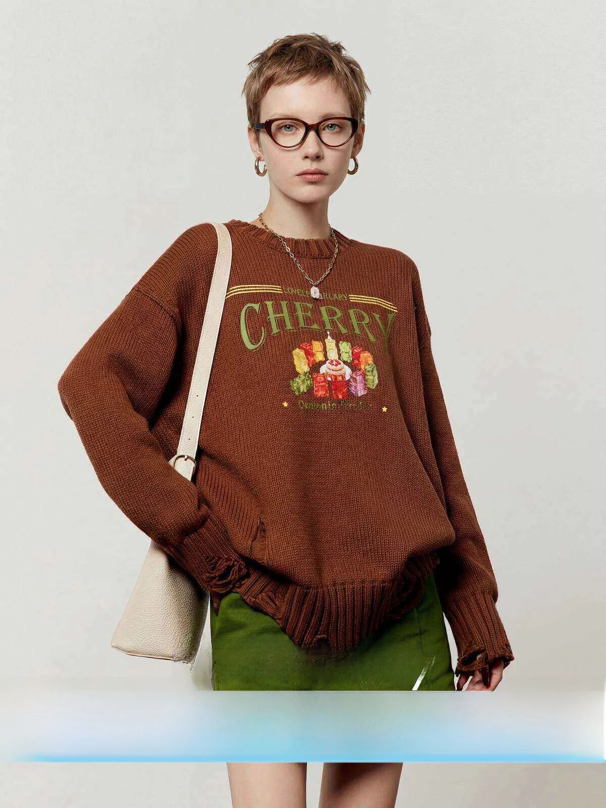

Bear Candy Birthday Print Women's Sweater Coffee Color Loose Fit Knitted Long Sve Regular Length Vintage Sle Spring New